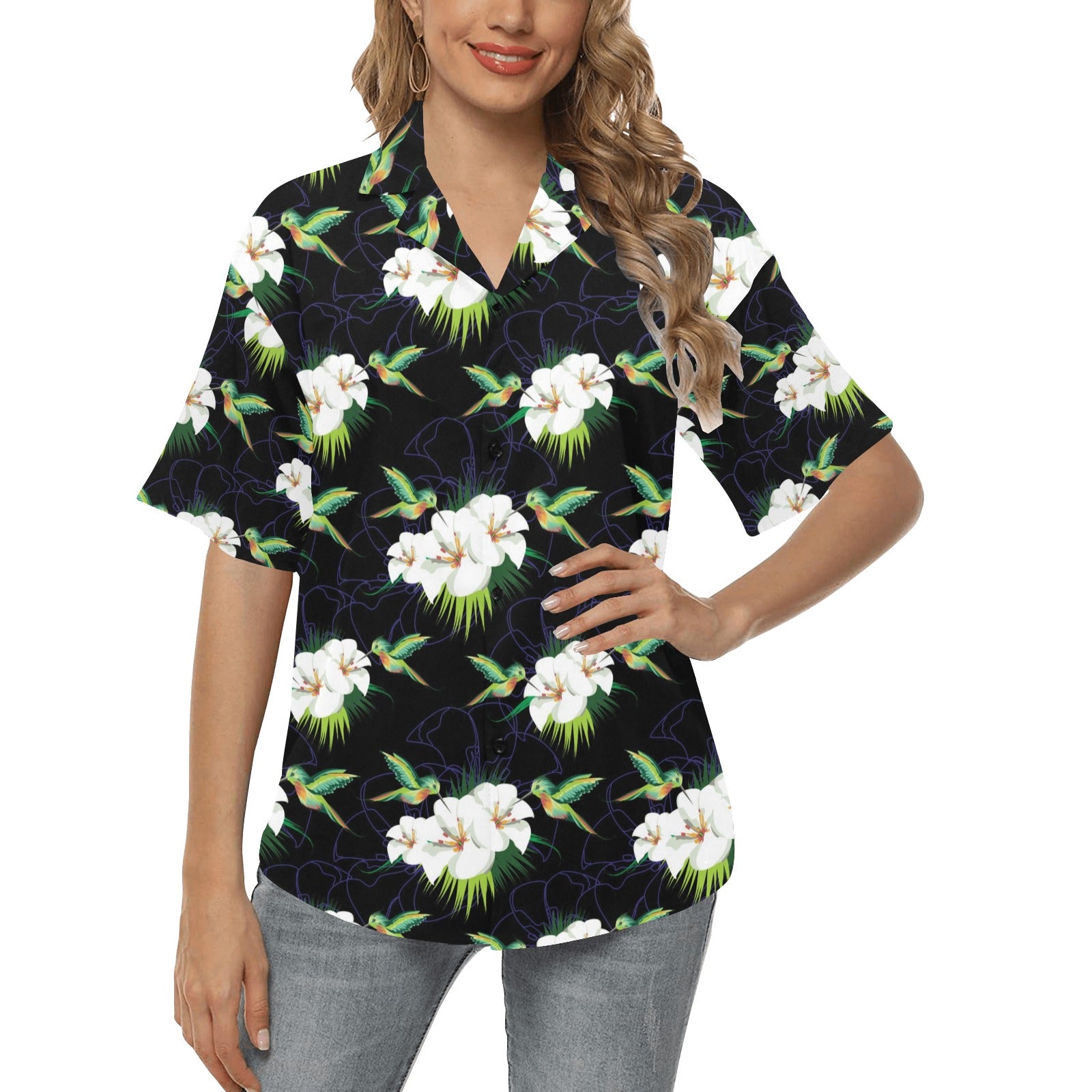 Hummingbird with Flower Pattern Print Design 03 Women's Hawaiian Shirt