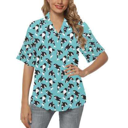 Whale Action Design Themed Print Women's Hawaiian Shirt