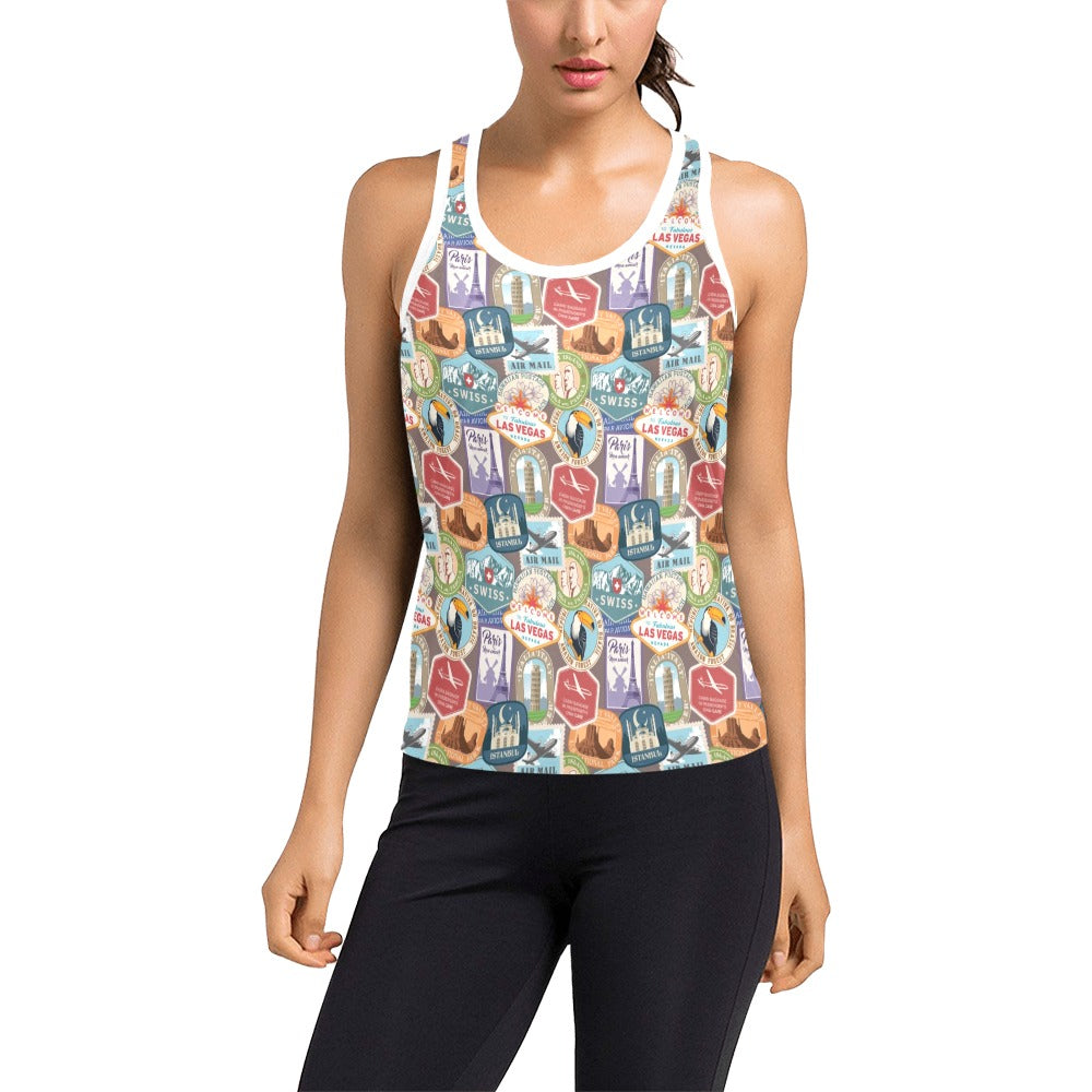 Travel Stamp Print Design LKS301 Women's Racerback Tank Top