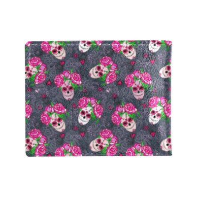 Sugar Skull Pink Rose Themed Print Men's ID Card Wallet