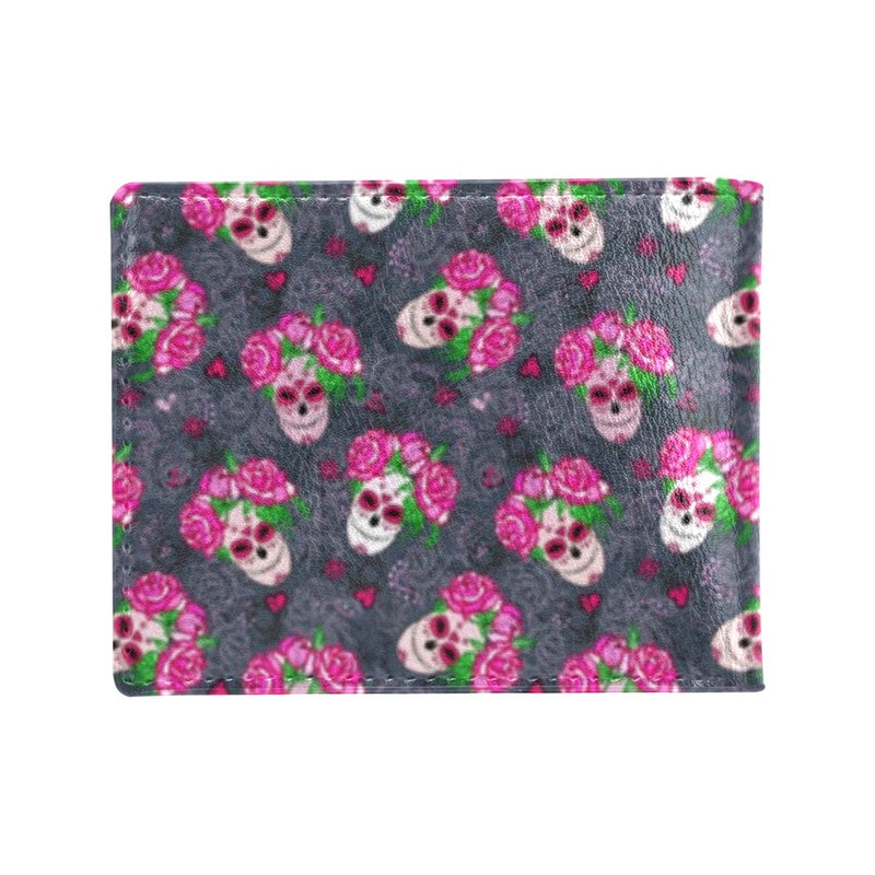 Sugar Skull Pink Rose Themed Print Men's ID Card Wallet