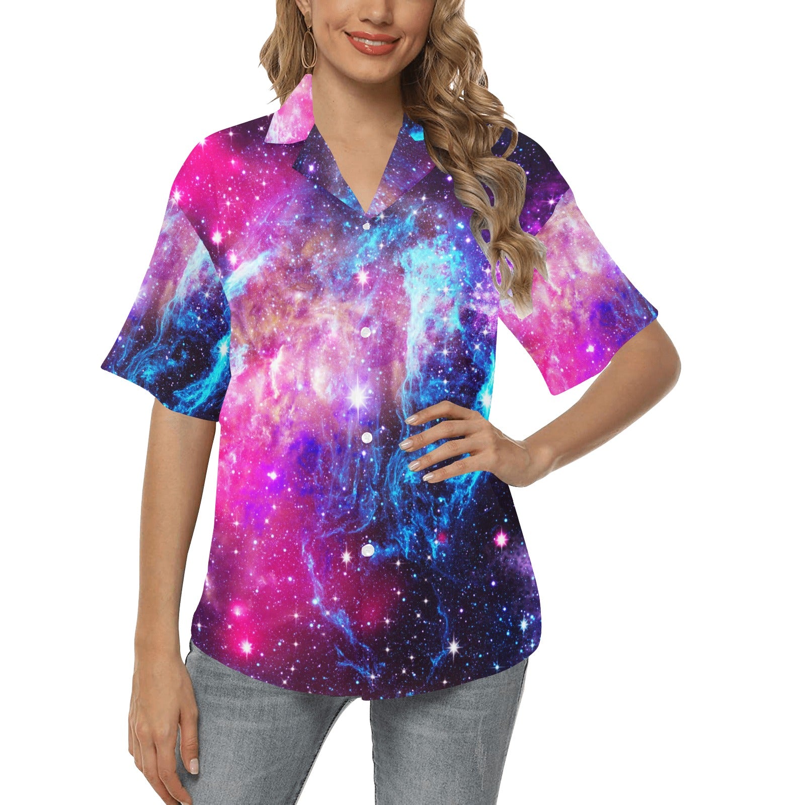 Galaxy Night Purple Space Print Women's Hawaiian Shirt