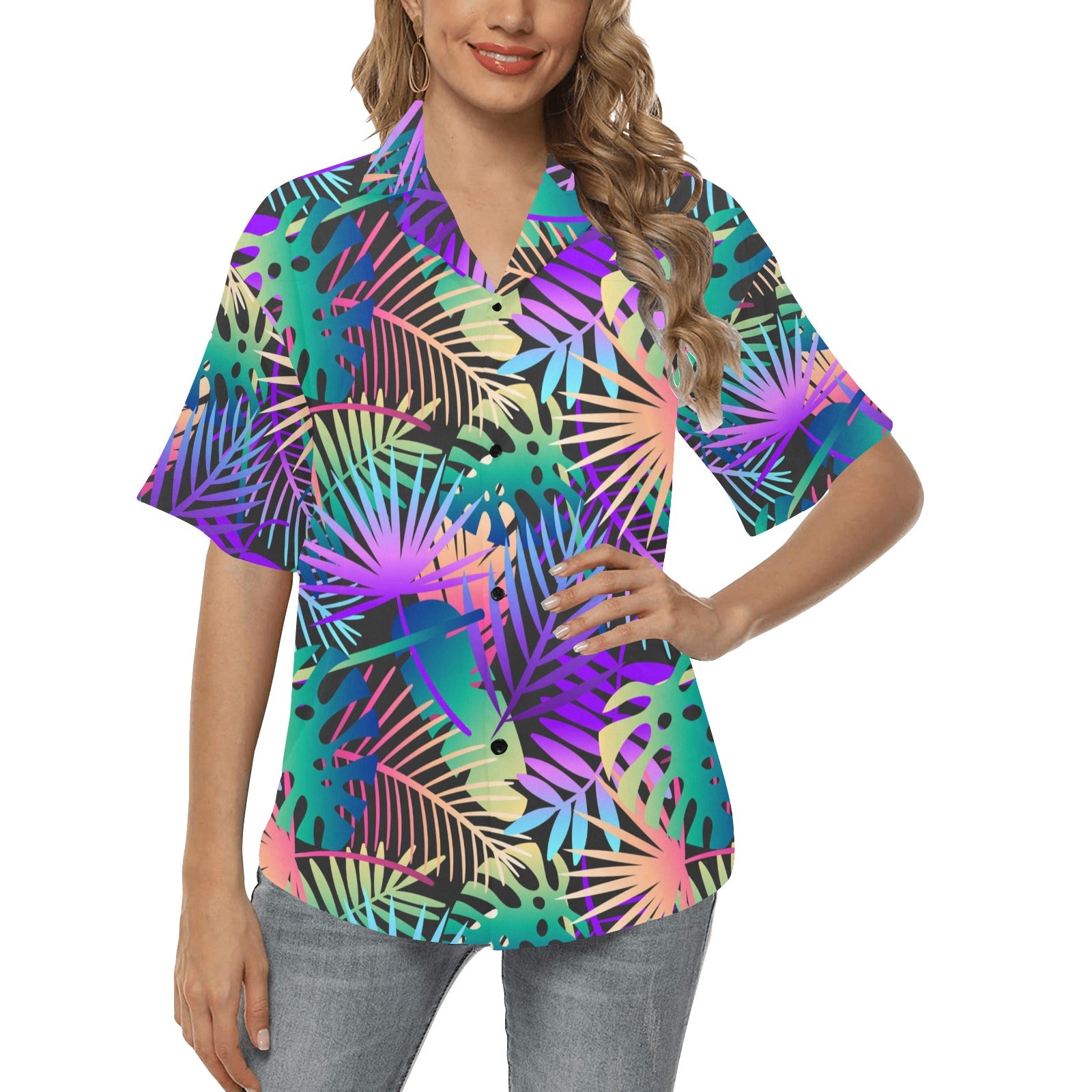 Neon Flower Tropical Palm Leaves Women's Hawaiian Shirt