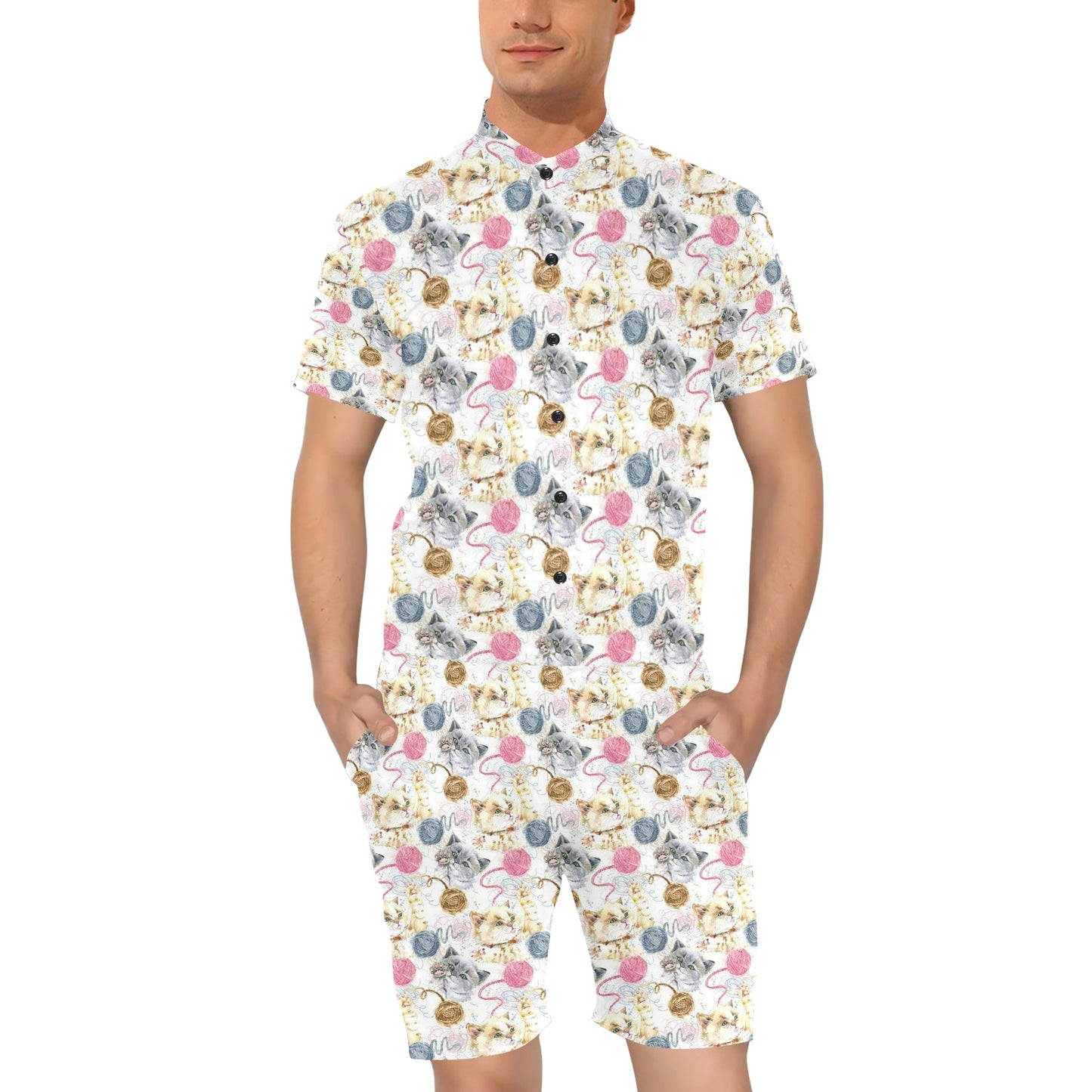 Cat Playing Yarn Pattern Print Design 07 Men's Romper