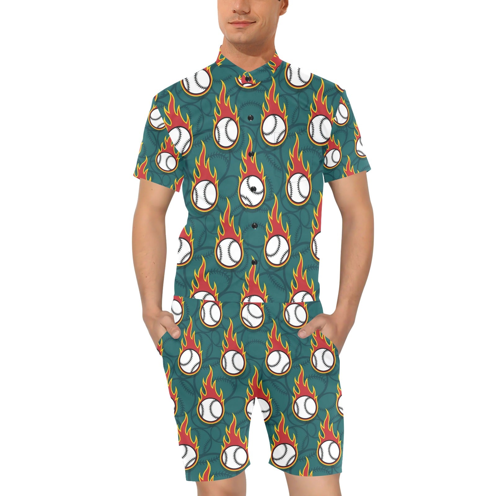 Baseball Fire Print Pattern Men's Romper