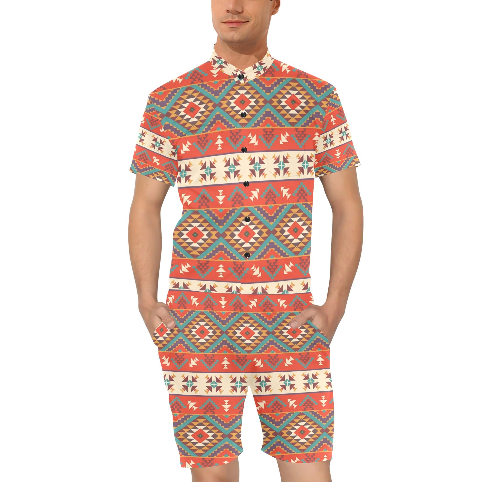 Aztec Red Print Pattern Men's Romper