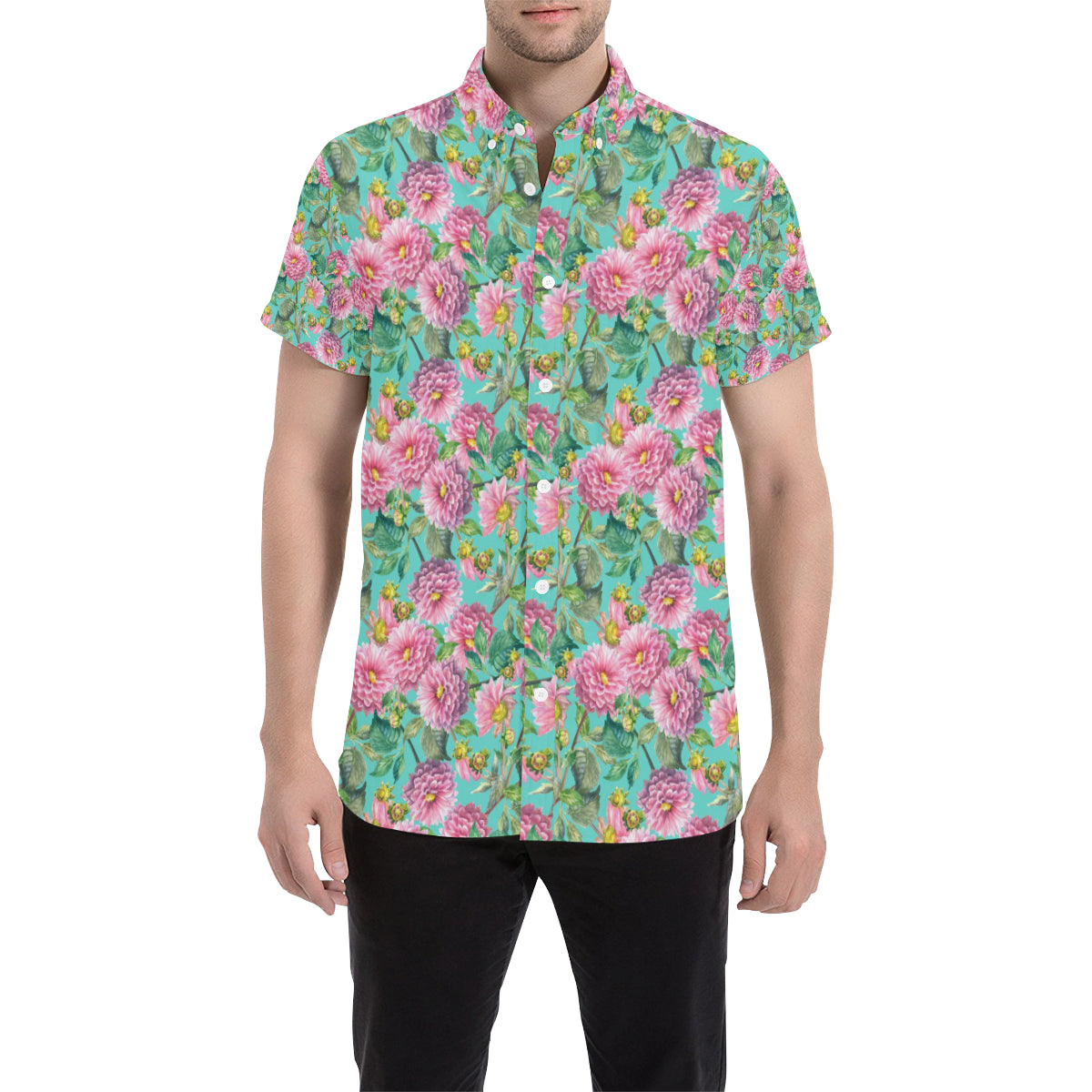 Dahlia Pattern Print Design DH07 Men's Short Sleeve Button Up Shirt