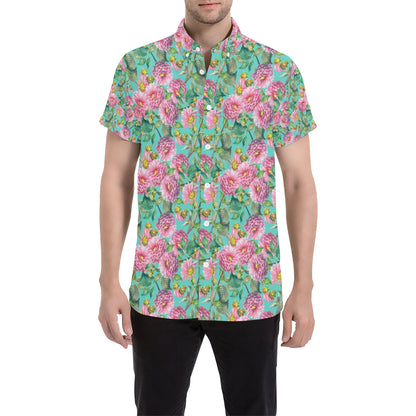 Dahlia Pattern Print Design DH07 Men's Short Sleeve Button Up Shirt