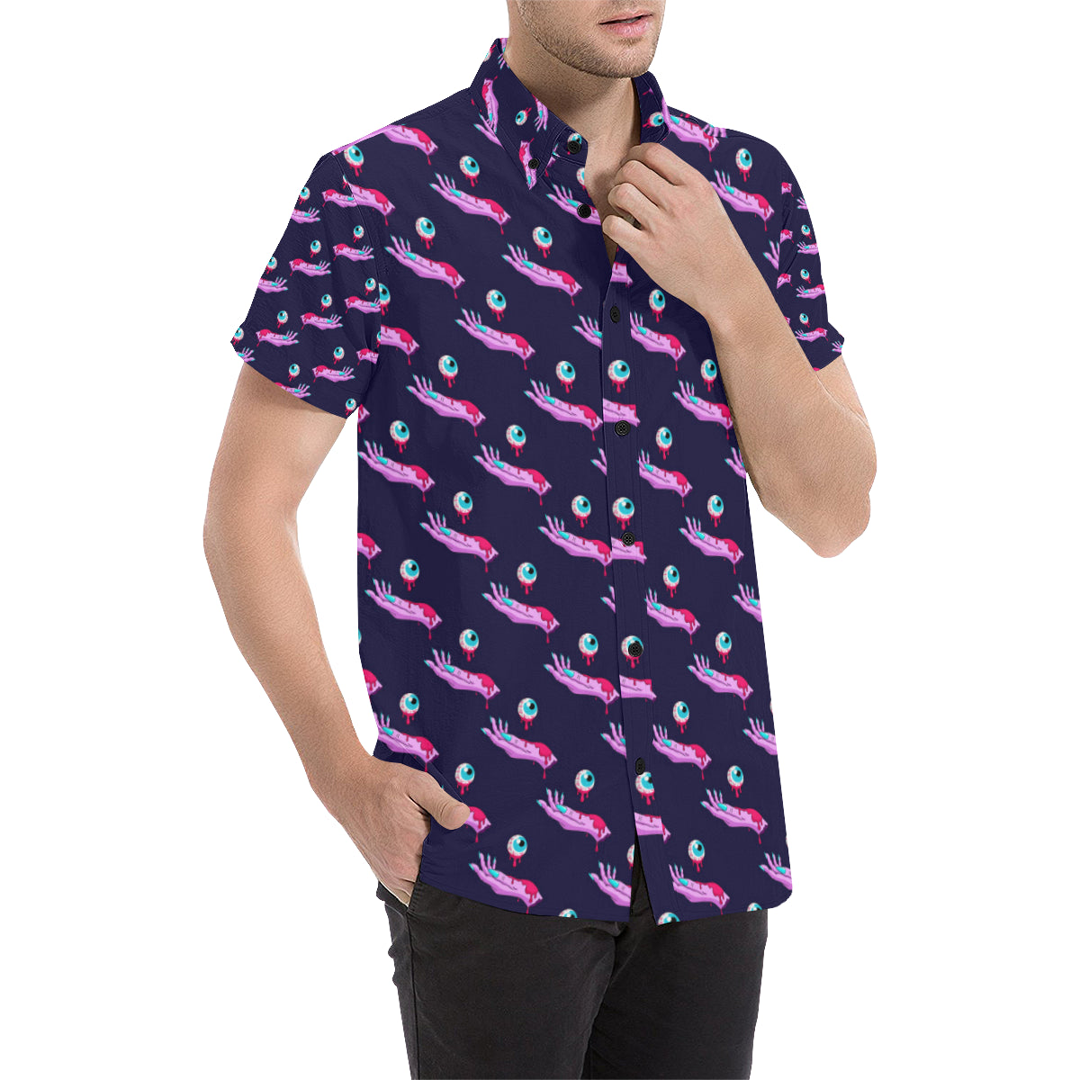 Zombie Pink Hand Design Pattern Print Men's Short Sleeve Button Up Shirt