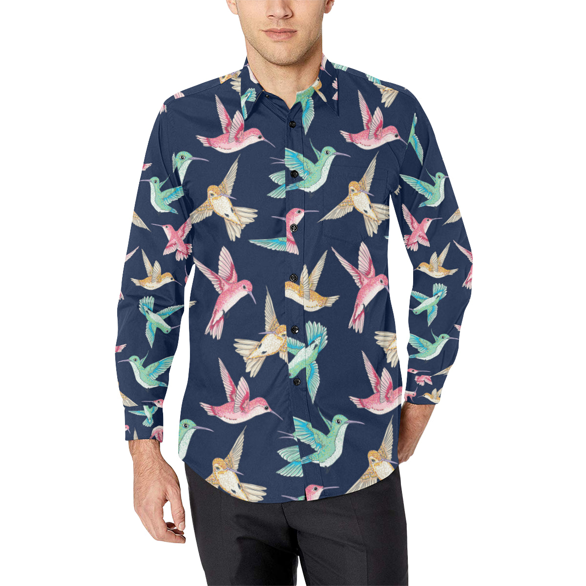 Hummingbird Cute Pattern Print Design 01 Men's Long Sleeve Shirt