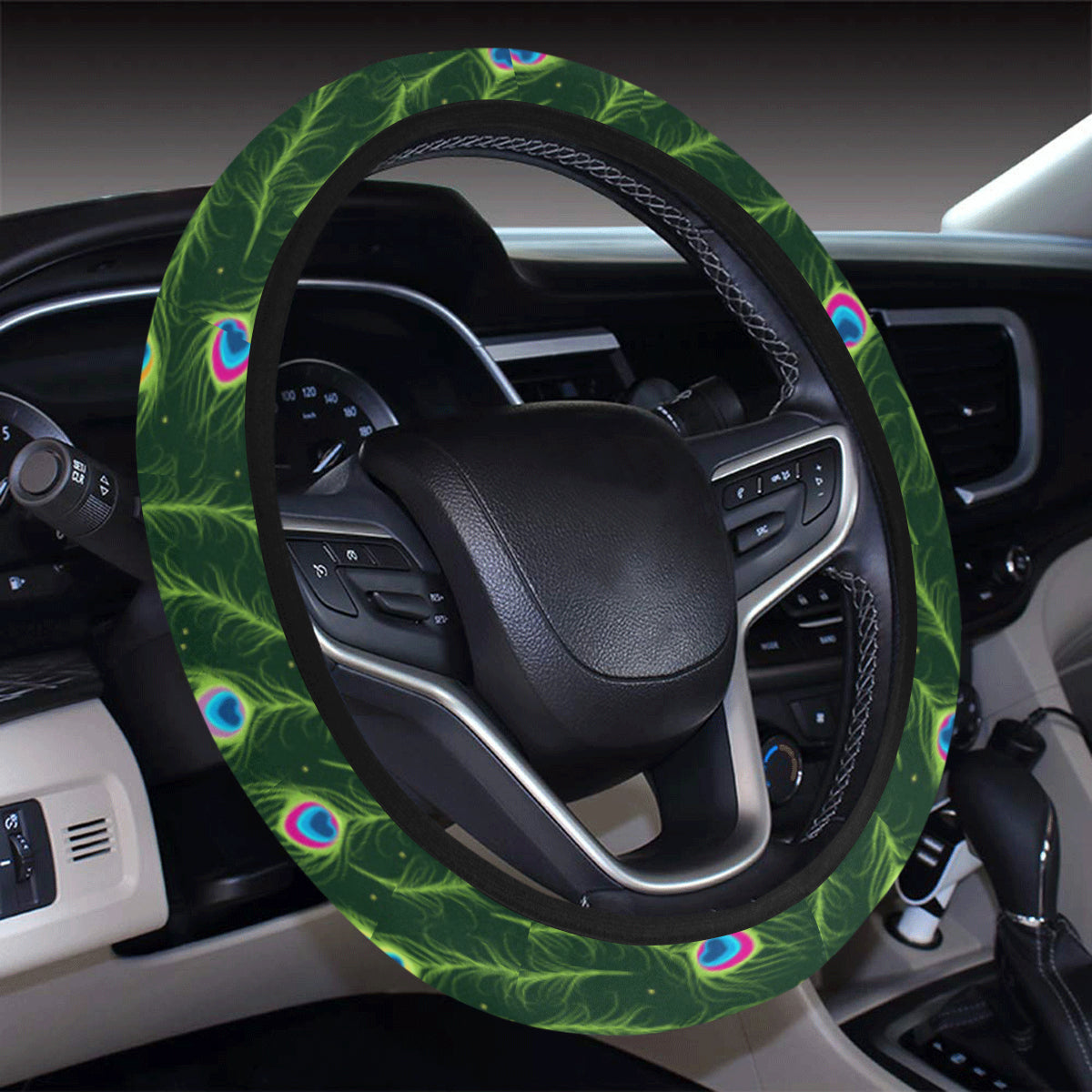 Peacock Feather Green Design Print Steering Wheel Cover with Elastic Edge