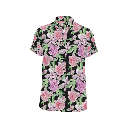 Peony Pattern Print Design PE08 Men's Short Sleeve Button Up Shirt