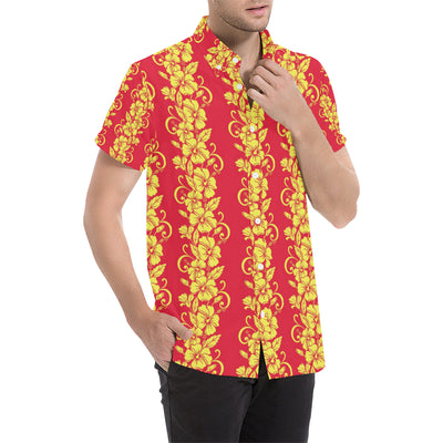 Orange Hibiscus Pattern Print Design HB018 Men's Short Sleeve Button Up Shirt