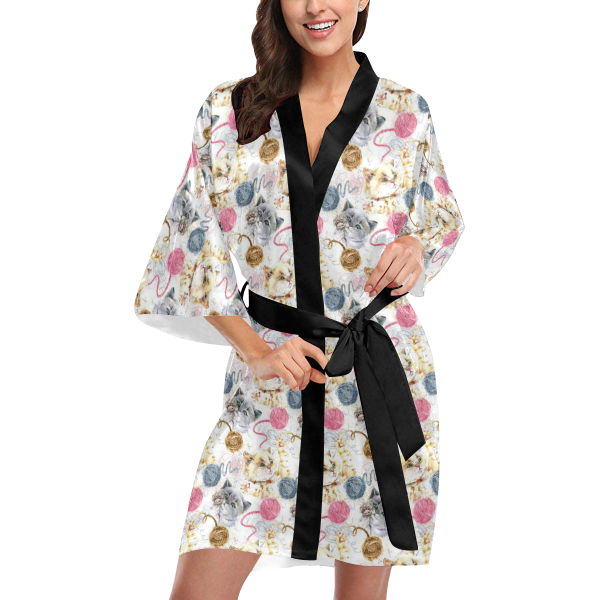 Cat Playing Yarn Pattern Print Design 07 Women's Short Kimono