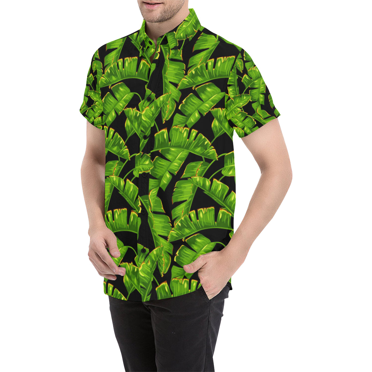Banana Leaf Pattern Print Design BL06 Men's Short Sleeve Button Up Shirt