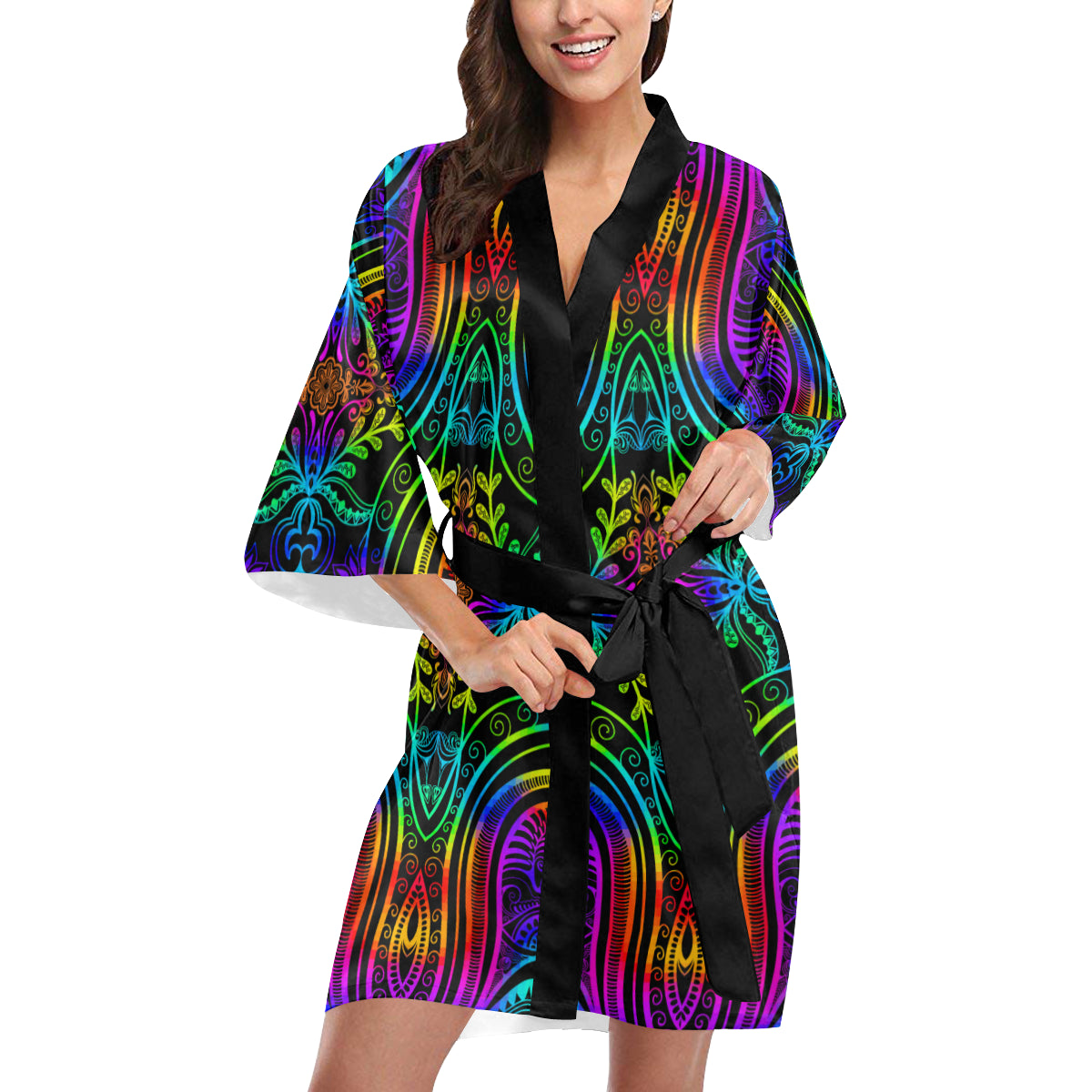 Neon Trible Rainbow Pattern Print Design A01 Women's Short Kimono