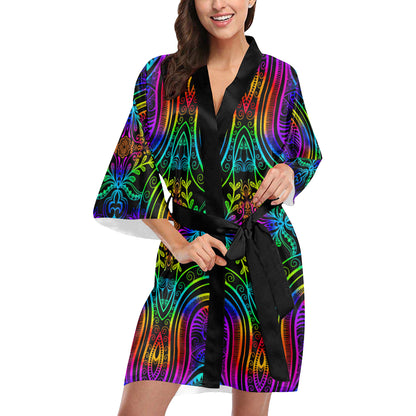 Neon Trible Rainbow Pattern Print Design A01 Women's Short Kimono
