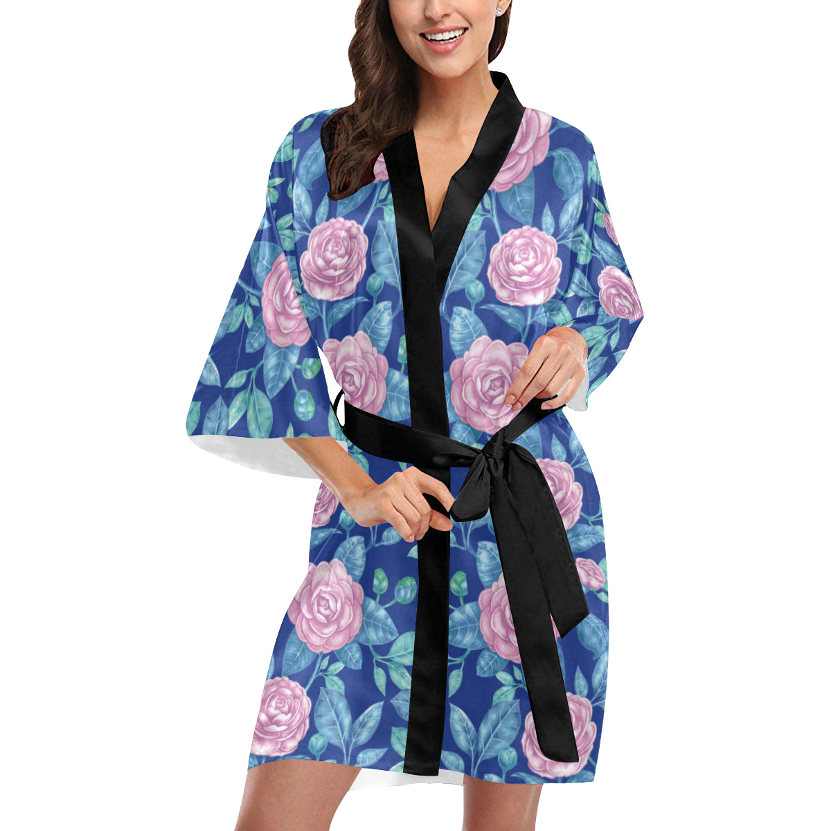 Camellia Pattern Print Design CM05 Women's Short Kimono