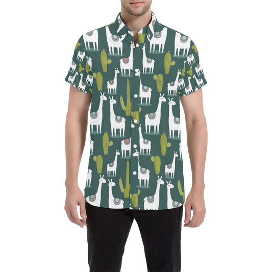 Llama Cactus Pattern Print Design 02 Men's Short Sleeve Button Up Shirt