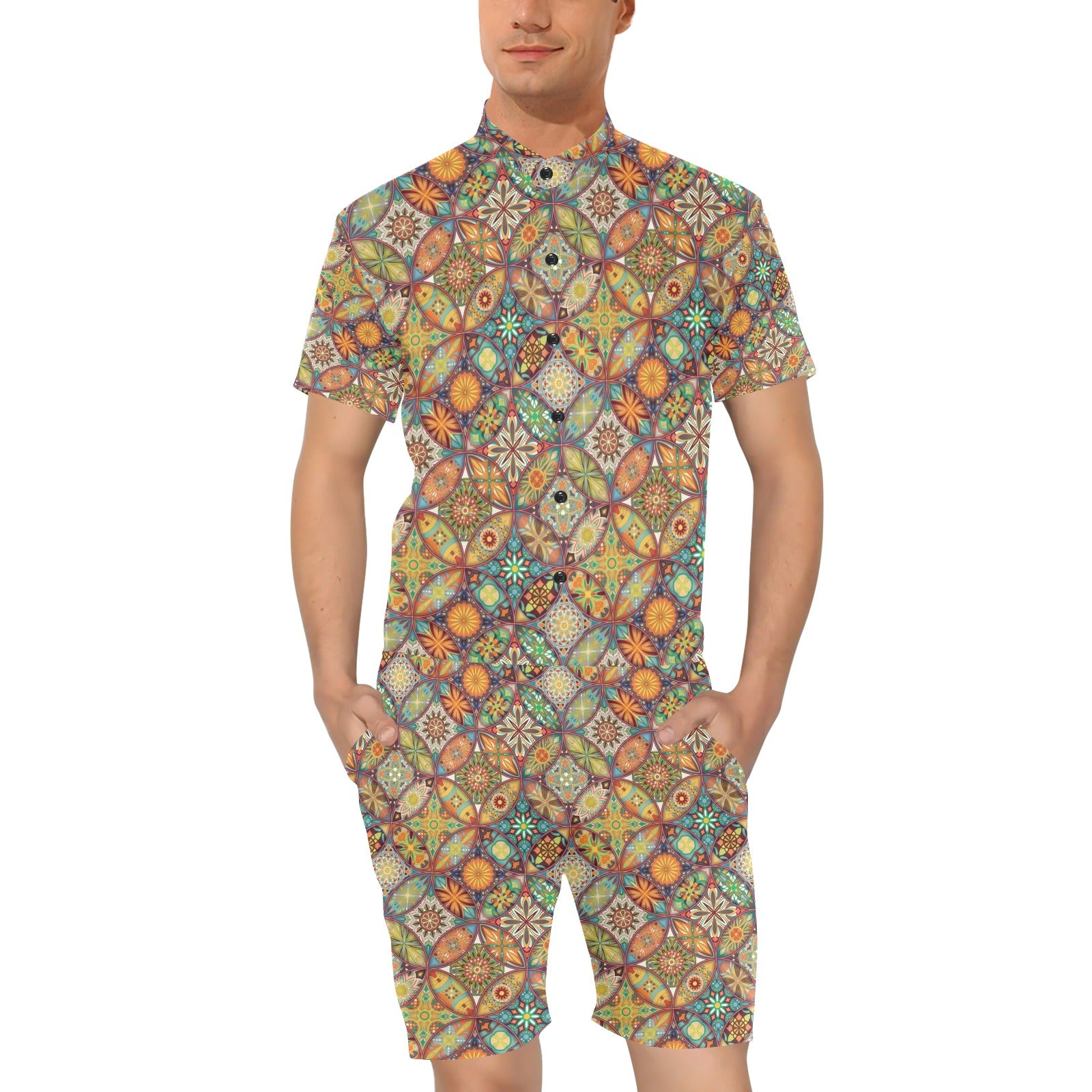 Mandala Flower Themed Design Print Men's Romper