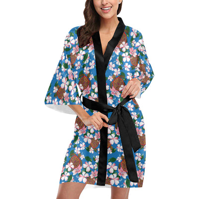 Sea Turtle Pink Hibiscus Hawaiian Print Women Kimono Robe