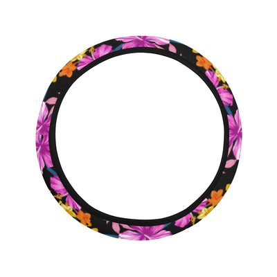 Tropical Folower Pink Hibiscus Print Steering Wheel Cover with Elastic Edge