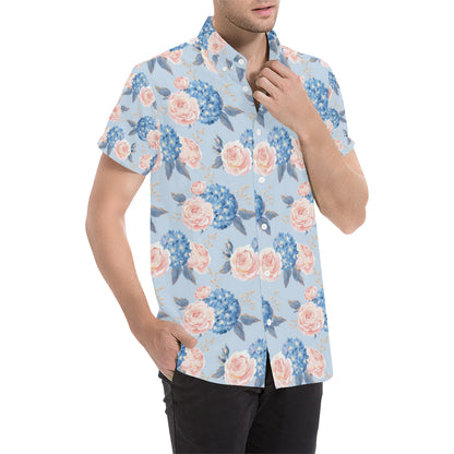 Hydrangea Pattern Print Design HD06 Men's Short Sleeve Button Up Shirt