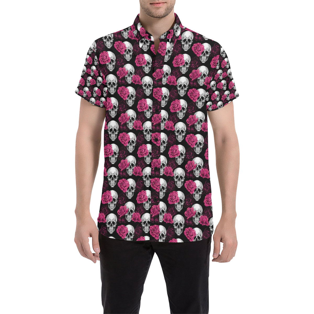 Pink Rose Skull Themed Print Men's Short Sleeve Button Up Shirt