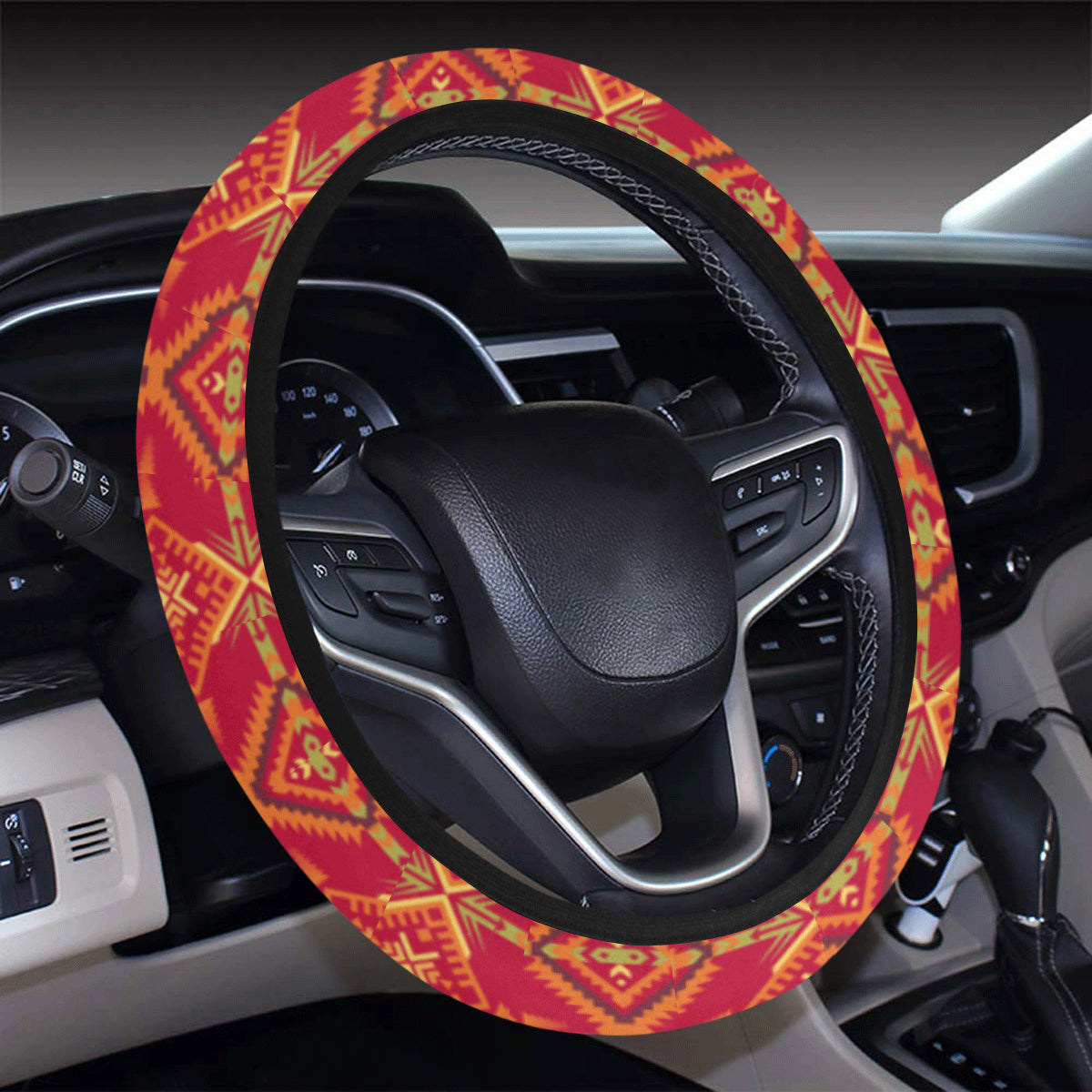 Southwest Aztec Design Themed Print Steering Wheel Cover with Elastic Edge