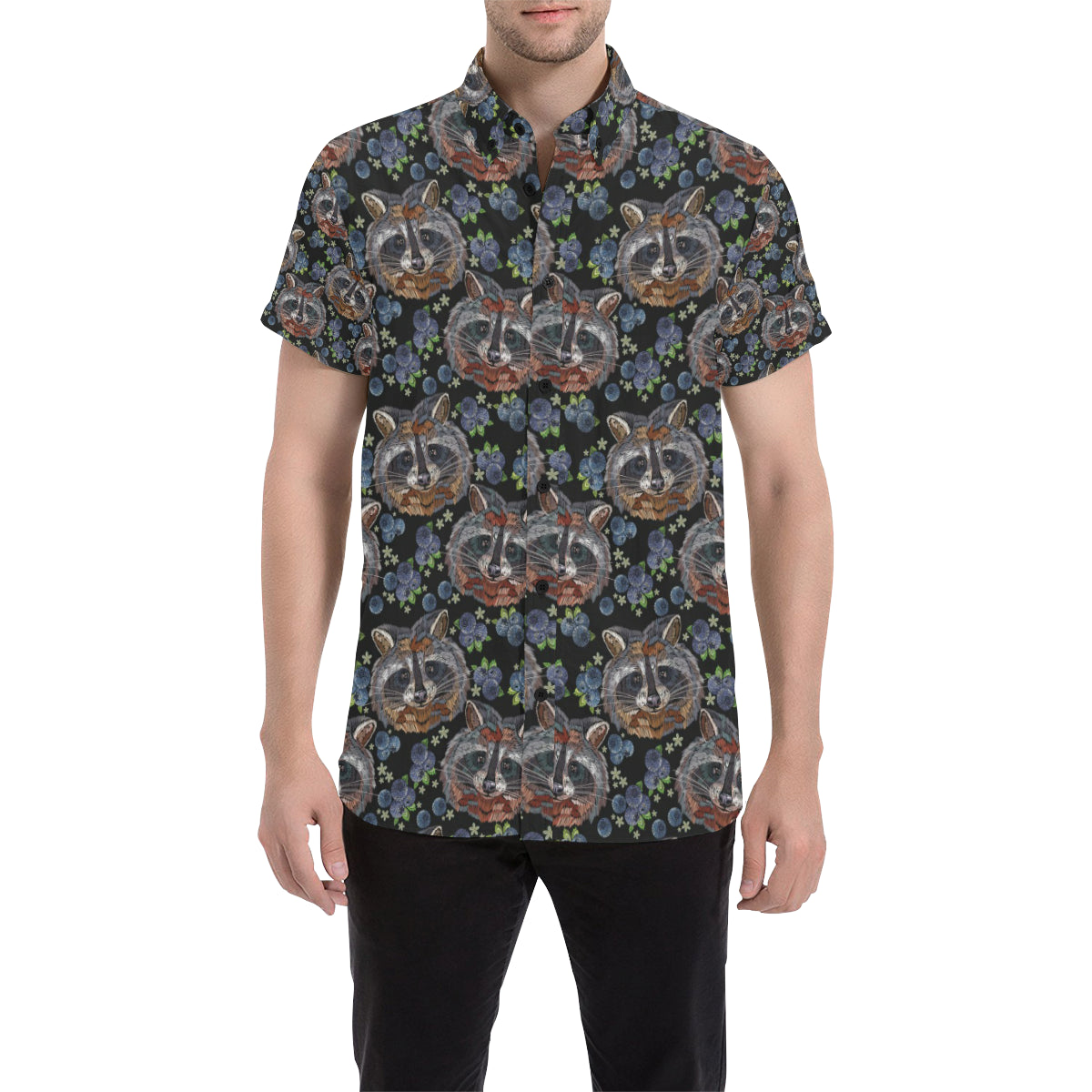 Raccoon Pattern Print Design A03 Men's Short Sleeve Button Up Shirt