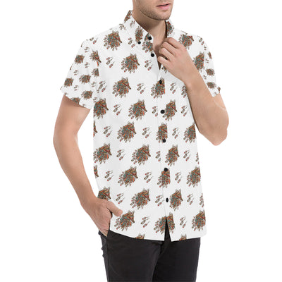 Aztec Wolf Pattern Print Design 02 Men's Short Sleeve Button Up Shirt