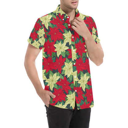 Poinsettia Pattern Print Design POT06 Men's Short Sleeve Button Up Shirt