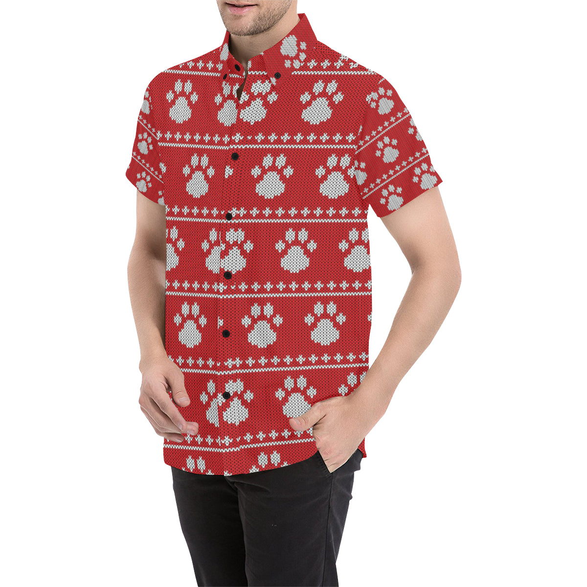 Knit Paw Pattern Print Design 03 Men's Short Sleeve Button Up Shirt
