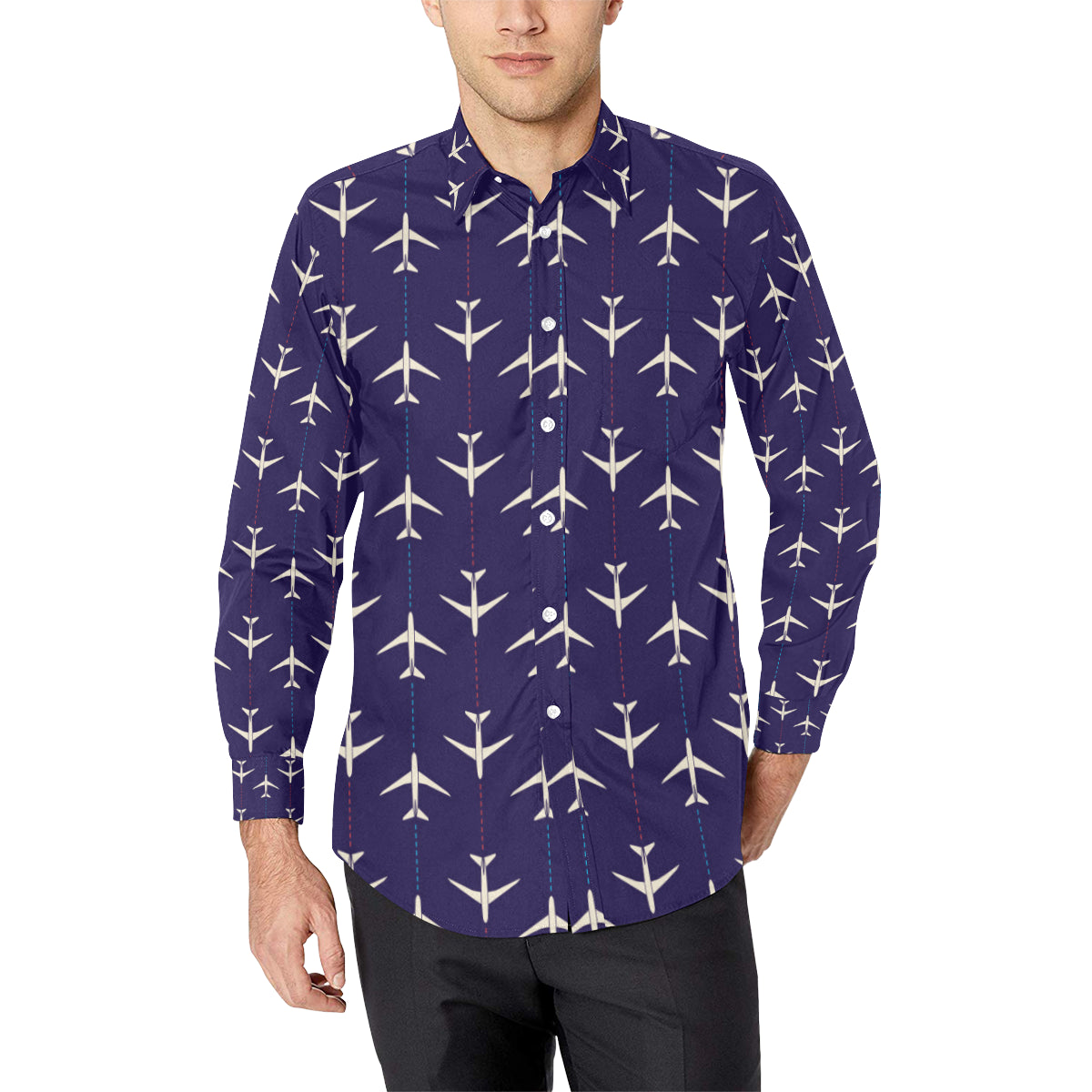Airplane Pattern Print Design 03 Men's Long Sleeve Shirt