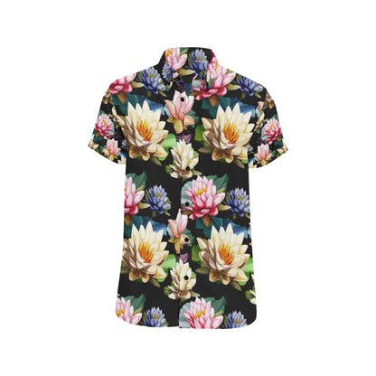 Water Lily Pattern Print Design WL02 Men's Short Sleeve Button Up Shirt