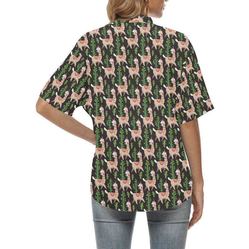 Alpaca Cactus Design Themed Print Women's Hawaiian Shirt