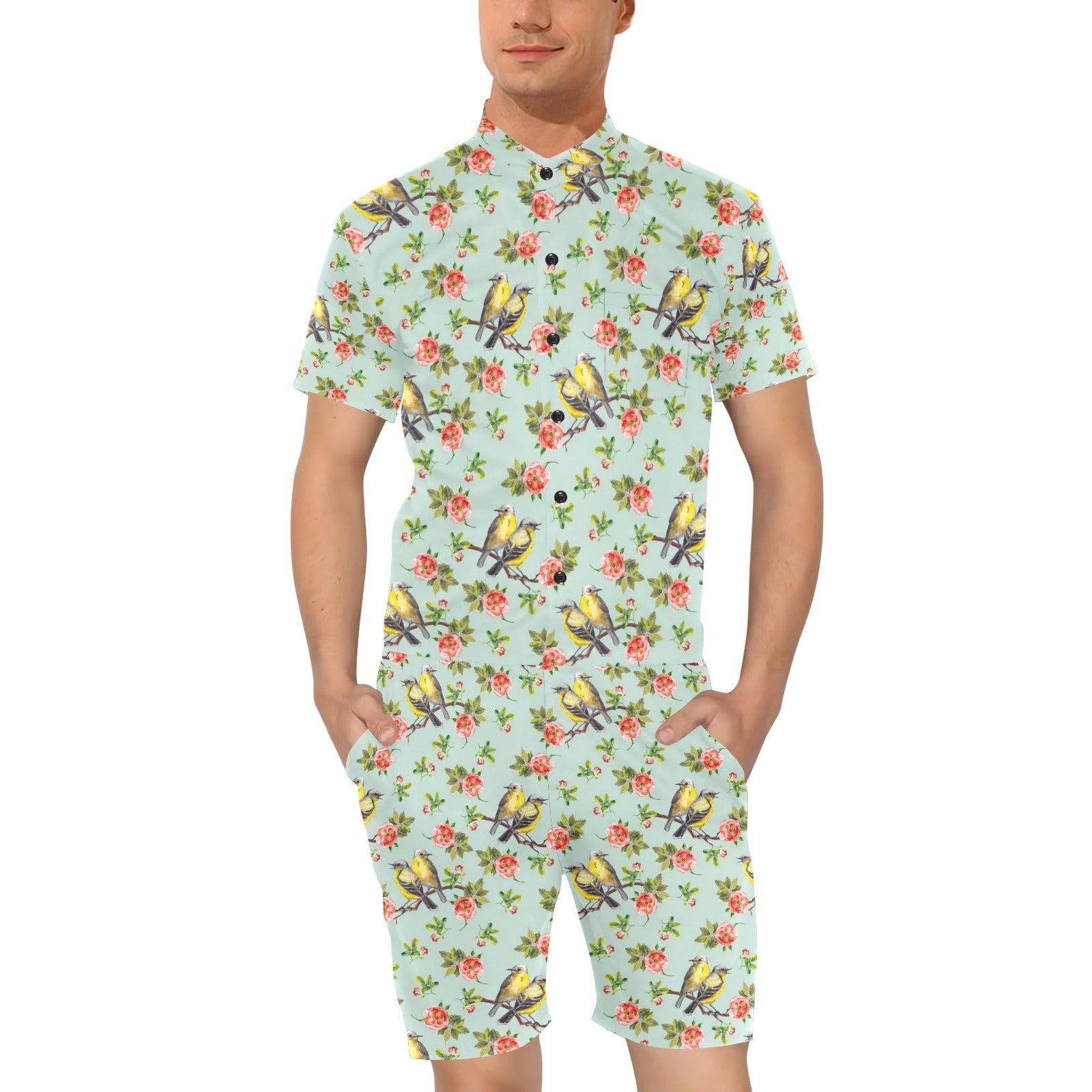 Bird with Red Flower Print Pattern Men's Romper