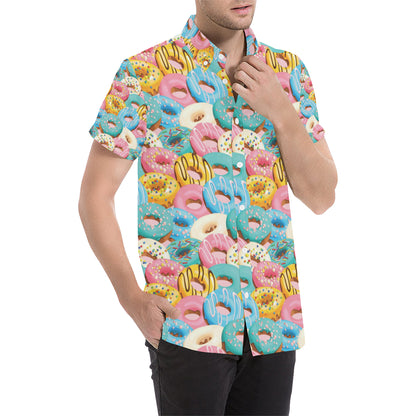 Donut Pattern Print Design DN01 Men's Short Sleeve Button Up Shirt