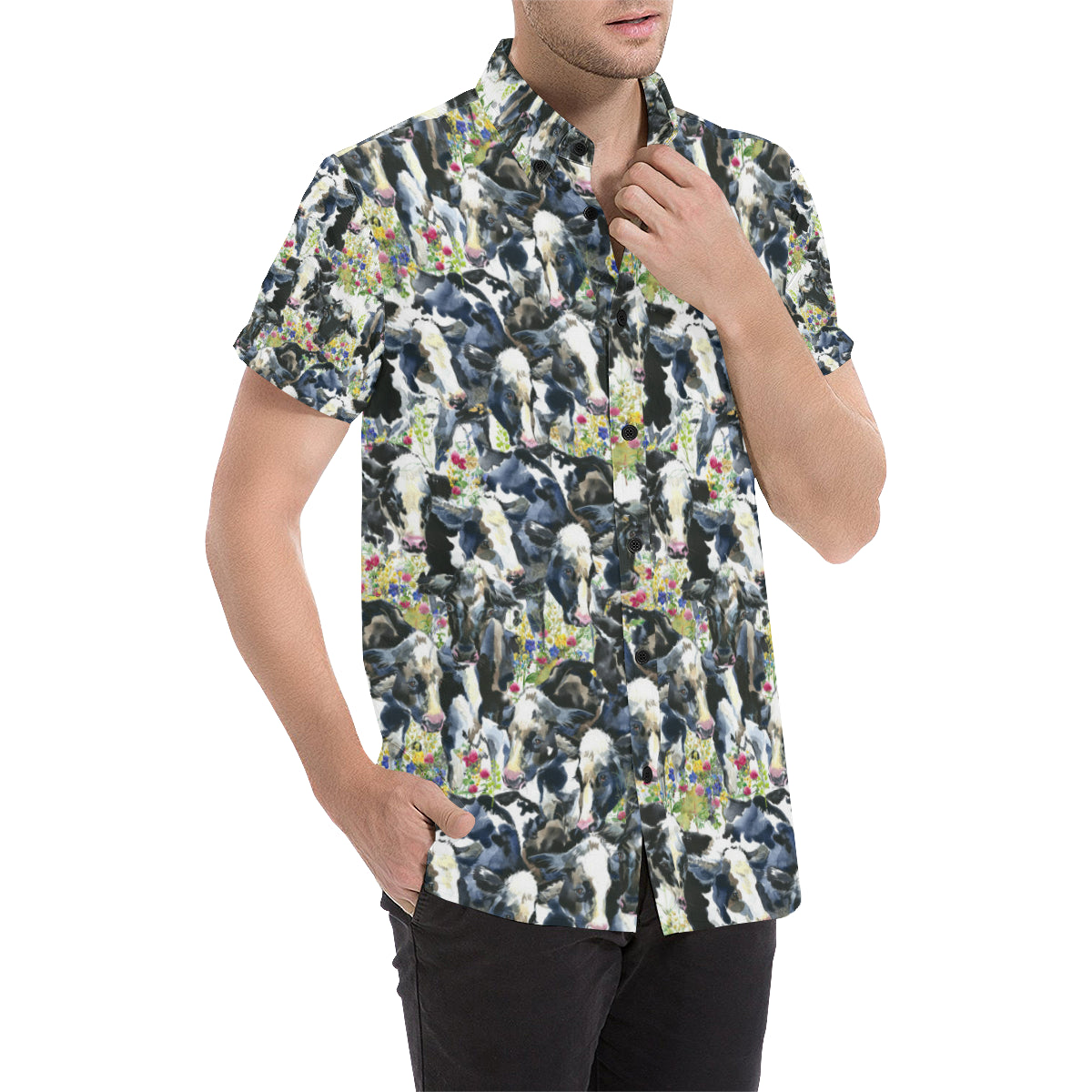 Cow Watercolor Print Pattern Men's Short Sleeve Button Up Shirt