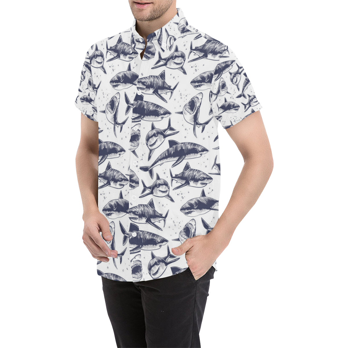 Great White Shark Pattern Print Design 02 Men's Short Sleeve Button Up Shirt