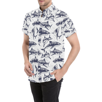 Great White Shark Pattern Print Design 02 Men's Short Sleeve Button Up Shirt