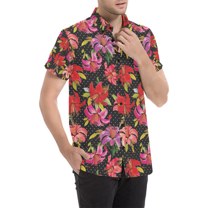 Lily Pattern Print Design LY012 Men's Short Sleeve Button Up Shirt
