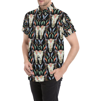 Buffalo Head Boho Style Pattern Print Design 01 Men's Short Sleeve Button Up Shirt