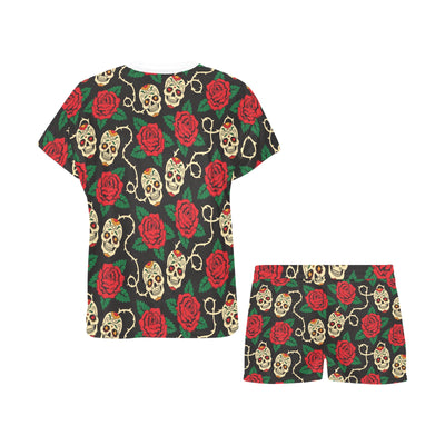 Sugar Skull Red Rose Print Design LKS301 Women's Short Pajama Set