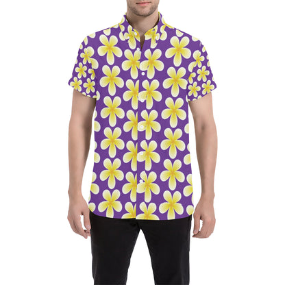 Yellow Plumeria Pattern Print Design PM05 Men's Short Sleeve Button Up Shirt