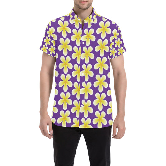 Yellow Plumeria Pattern Print Design PM05 Men's Short Sleeve Button Up Shirt