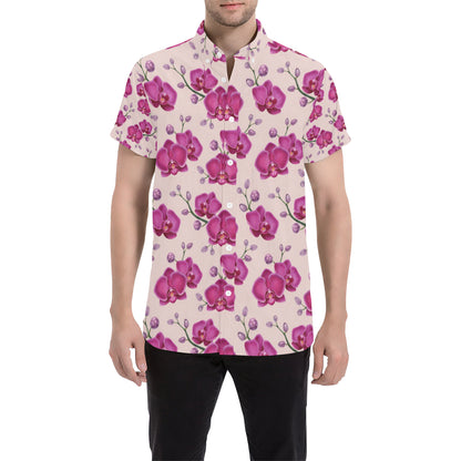 Orchid Purple Pattern Print Design OR04 Men's Short Sleeve Button Up Shirt