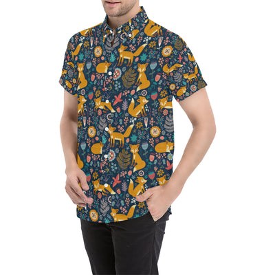 Fox Cute Jungle Print Pattern Men's Short Sleeve Button Up Shirt