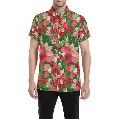 Poinsettia Pattern Print Design POT03 Men's Short Sleeve Button Up Shirt