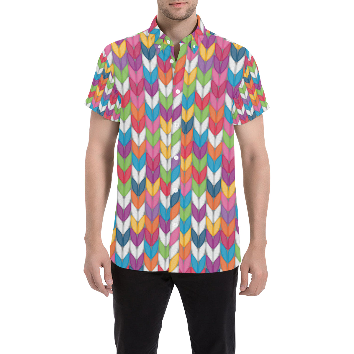 Knit Pattern Print Design 01 Men's Short Sleeve Button Up Shirt